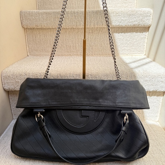 Gucci Sakai Be Green Calfskin Diagonal Stitched Medium Blondie Tote Black - Picture 5 of 14